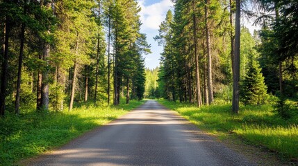 Fototapeta premium A serene forest road lined with tall trees and lush greenery, perfect for a peaceful getaway in nature.