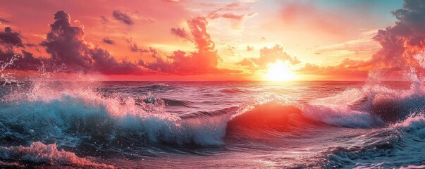 A vibrant sunset over the ocean, with colorful clouds and crashing waves creating a picturesque coastal scene.