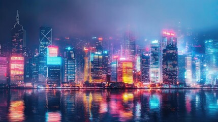 Fototapeta premium Vibrant city skyline at night, illuminated buildings reflecting on water, creating a stunning urban landscape in neon colors.