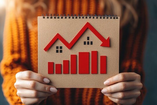 Person holding a printed paper with a red downward arrow and house icon, representing mortgage downturn, medium shot, space for text