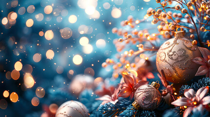 Obraz premium Close-up of Christmas decorations. A large golden ball, fir branches, golden berry branches and flowers. The Christmas tree is surrounded by a blue background with a golden side