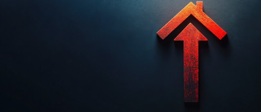 Minimalist design of a red arrow pointing downwards, intersecting a house icon, concept of real estate mortgage downturn, high angle shot, space for text