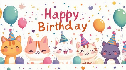 Happy Birthday Greeting Card with Cute Cats and Balloons