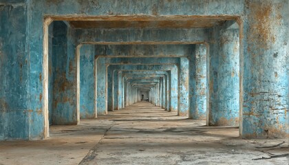 Long narrow corridor high ceiling walls are covered An empty, in