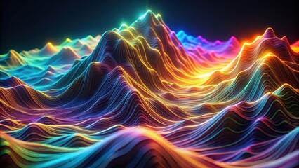 Dynamic abstract background of mountainous terrain depicted in flowing colored lines with a glowing effect