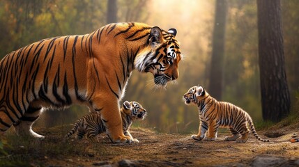 Obraz premium A Bengal tiger playfully interacting with its cubs in a forest clearing. Copy space available