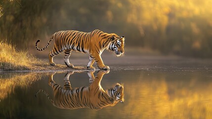 A Bengal tiger walking along the edge of a tranquil water body, its reflection in the water. Copy space available