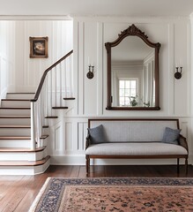 A traditional entryway with a grand staircase, a patterned rug, a bench, and an ornate mirror.