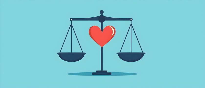 of justice scales with a heart shape blending the concepts of morality and fairness in a minimalist flat design style