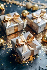 Christmas background with gift boxes with gold bowl,   golden xmas decor and confetti  top view on dark background . Copy space.