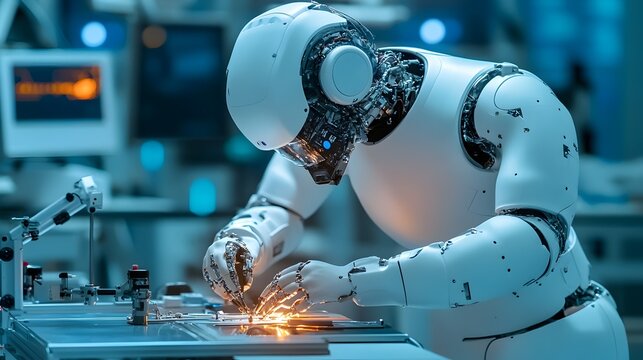 Futuristic scene of an AI powered robotic surgeon meticulously carrying out a complex medical procedure