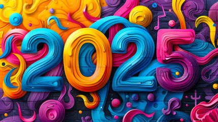 New Year card. Colorful abstract background with big bright numbers 2025. The concept of creativity and fun, as well as celebrating the upcoming new year 2025
