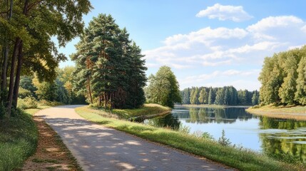 A serene landscape featuring a winding path beside a calm lake, surrounded by lush trees and bright blue sky.