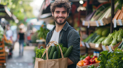 Smiling young man holding groceries vegetable shopping bag standing