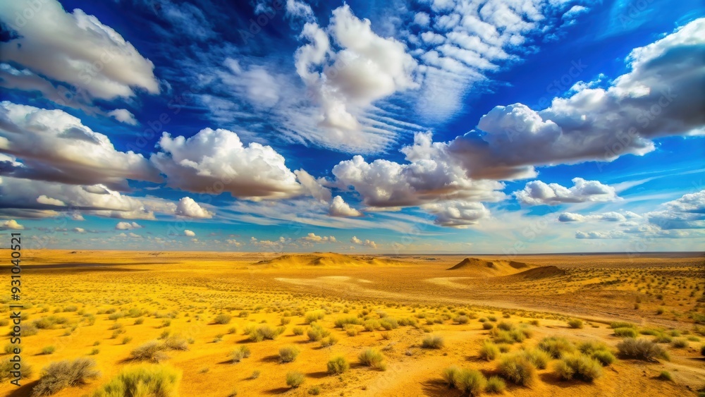 Wall mural Bright blue cloudy sky over the yellow desert of Kyzylkum Kazakhstan, Kyzylkum, Kazakhstan, desert, yellow, blue sky, clouds