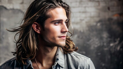 Young handsome man with modern long hairstyle portrait. Grey wall background.Aesthetic skincare concept.