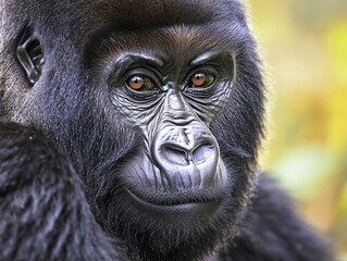 Obraz premium Close-up view of a majestic gorilla displaying unique facial features and expressive eyes in a natural habitat.