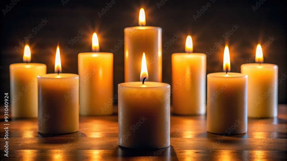 Wall mural Burning candle surrounded by multiple burning candles, flames, wax, fire, glow, illumination, warmth, light, spiritual