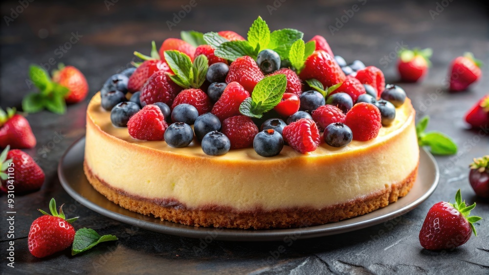 Wall mural Delicious cheesecake topped with fresh wild berries, cheesecake, dessert, food, sweet, indulgent, baked, creamy, fruit