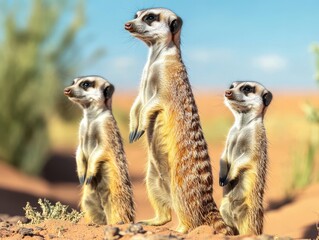 Three attentive meerkats standing upright in a desert setting, showcasing their curious nature and social behavior.