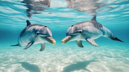 Obraz premium Two playful dolphins interact underwater, showcasing their intelligence and curiosity in a vibrant, clear ocean environment.