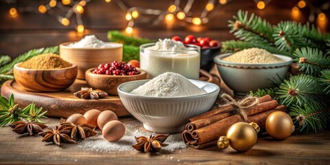 Fototapeta premium Kitchen counter filled with bowls of flour, sugar, and spices ready for Christmas baking, Christmas, baking, cookies