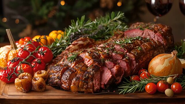 Succulent roast beef garnished with fresh rosemary, served with cherry tomatoes, onions, and garlic