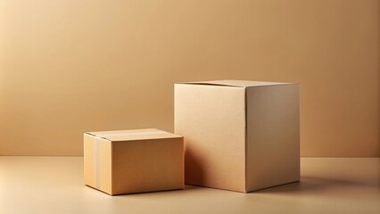 Mock-up packaging for products and delivery on beige background, boxes, paper bags, mock-up