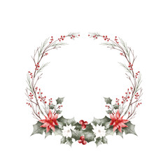 Watercolor Illustration Christmas Wreath from Flowers and Holly Plants