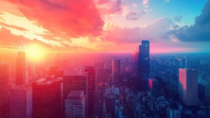 Obraz premium Stunning urban skyline at sunset, showcasing vibrant colors and architectural beauty amidst a vast cityscape.