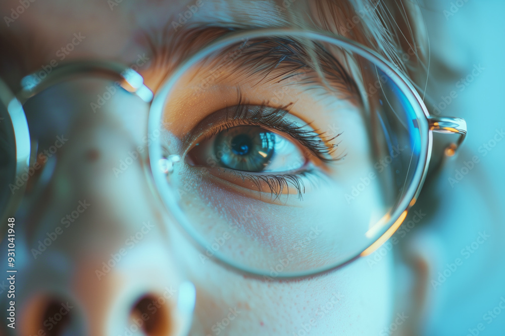 Wall mural Close-up photo of a pair of eyeglasses, showing details of the lenses and frames. The image focuses on the concept of enhanced visibility and the positive impact of eyewear on the eyes.