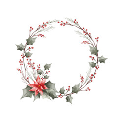 Watercolor Illustration Christmas Wreath from Flowers and Holly Plants