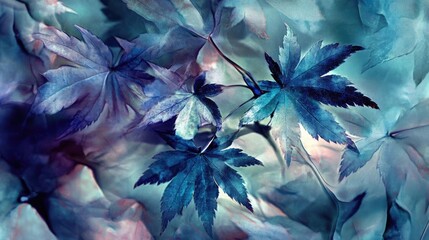 Beautiful blue-toned leaves in an ethereal, artistic style, creating a serene and captivating visual experience.