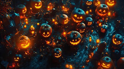 A spooky night scene filled with glowing Halloween pumpkins, creating a vibrant and eerie atmosphere for the festive season.