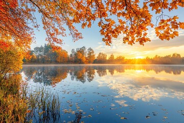 A peaceful autumn scene features brilliant hues of orange and red leaves gracefully falling onto a calm lake that mirrors the vivid surroundings.