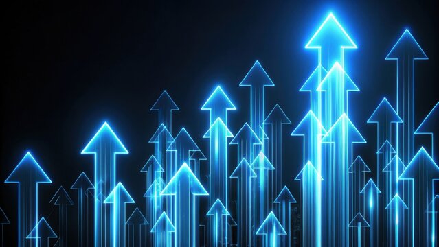 Blue glowing arrows pointing up on a black background, glowing, arrows, blue, wright, abstract, rendering