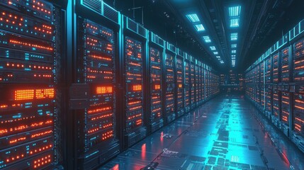 A futuristic server farm with endless rows of servers, each unit with blinking lights indicating constant data processing, AI-driven robots moving between the rows performing maintenance, and a