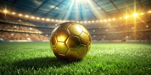 Golden soccer ball shining on green grass in a large stadium , sports, soccer, football, stadium, premium, luxury, competition
