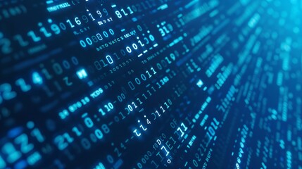 An illustration of a digital technology concept with a matrix of random binary data, representing a software programming background with bits of code.