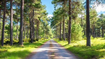 Fototapeta premium A serene pathway through a lush forest, framed by tall trees and vibrant greenery, inviting exploration and tranquil reflection.