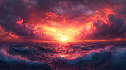 Obraz premium A panoramic view of the sea at sunset, where the sky is filled with dramatic, swirling clouds in shades of red, orange, and purple.