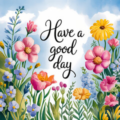 Floral Watercolor Art with Have a Good Day Text &ndash; Inspirational Quote with Roses, Daisies & Colorful Flowers 