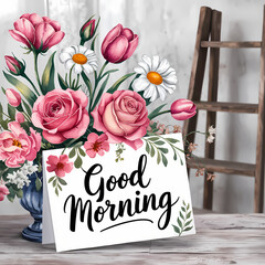 Good Morning message on a background with flowers,  card with flowers, bouquet of flowers