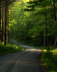 Obraz premium A winding paved road through a lush green forest with sunlight filtering through the trees.