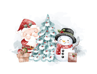 Watercolor Illustration Santa Claus and Snowman with Christmas Tree and Gifts