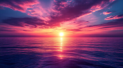 Obraz premium A peaceful sunset over a calm sea, where the sky is painted in deep, rich hues of magenta and violet.