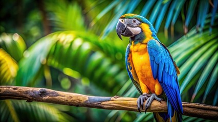 Obraz premium Vibrantly colored blue and yellow macaw perched on a branch in the jungle , wildlife, bird, tropical, colorful, feathers, vibrant