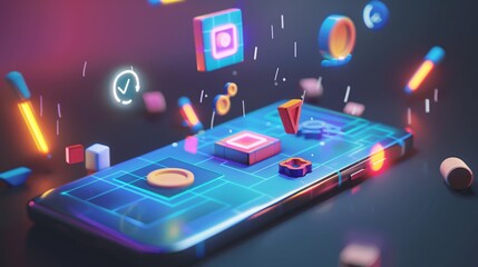 Phygital concept of gamification using 3D illustrations, interactive phone with rewards, targets, and pixelated gamified experiences for a seamless blend of online and offline engagement 