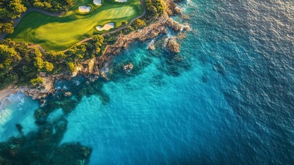 Fototapeta premium Aerial view of a golf course by the ocean in paradise, with vibrant colors and beautiful nature photography.