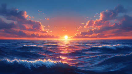 Fototapeta premium peaceful sunset over a wide, expansive sea, where the sky is a mix of vibrant oranges and cool blues.